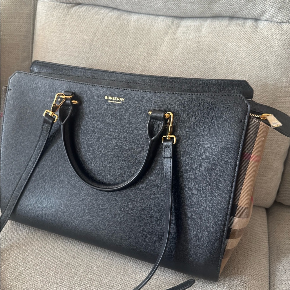 Burberry Black Leather Tote with Classic Check Sides and Gold Hardware